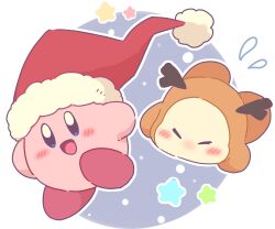  antlers blue_background blue_eyes blush_stickers border christmas colored_skin commentary fake_antlers flat_color flying_sweatdrops fur-trimmed_headwear fur_trim hat highres horns kirby kirby_(series) looking_at_viewer nintendo no_humans no_mouth open_mouth orange_footwear orange_skin outline outside_border pink_skin pom_pom_(clothes) red_footwear red_hat reindeer_antlers round_border santa_hat shoes smile snowing star_(symbol) transparent_border usamata waddle_dee white_outline 