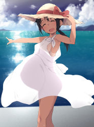 1girl ^_^ armpits ass black_hair closed_eyes dress hand_on_headwear happy hat highres kuronyan loli ocean open_mouth original outdoors pointing ponytail pregnant pregnant_loli see-through sky smile solo standing straw_hat sweat tan tanline white_dress rating:Questionable score:214 user:danbooru