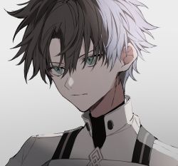  1boy bad_id bad_pixiv_id black_hair blue_eyes fate/grand_order fate_(series) fujimaru_ritsuka_(male) fujimaru_ritsuka_(male)_(decisive_battle_chaldea_uniform) gloves grey_background jacket light looking_to_the_side male_focus nozz177 official_alternate_costume portrait serious short_hair simple_background solo type-moon uniform upper_body white_jacket  rating:General score:14 user:danbooru