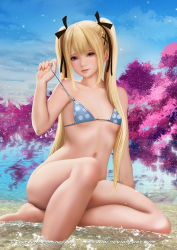  1girl bad_id bad_pixiv_id barefoot bikini bikini_top_only black_ribbon blue_eyes bottomless breasts closed_mouth collarbone day dead_or_alive dead_or_alive_5 feet female_focus hair_ribbon lips long_hair looking_at_viewer marie_rose navel nefrubi outdoors ribbon sitting small_breasts solo swimsuit twintails untied_bikini water  rating:Questionable score:104 user:danbooru