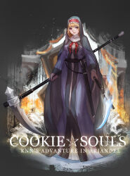  1girl absurdres alice_margatroid black_coif blonde_hair breasts closed_mouth commentary_request cookie_(touhou) cosplay d_tomoki dark_souls_(series) dark_souls_iii dress dual_wielding english_text frilled_hairband frills full_body hairband highres hinase_(cookie) holding holding_scythe long_dress long_sleeves looking_at_viewer medium_breasts nun orange_eyes purple_dress red_hairband scythe short_hair sister_friede sister_friede_(cosplay) smile solo standing star_(symbol) touhou 