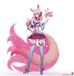 &gt;:) 1girl absurdres ahri_(league_of_legends) animal_ears blue_eyes boots breasts choker cleavage cleavage_cutout closed_mouth clothing_cutout contrapposto detached_sleeves fingernails fox_ears fox_tail full_body hair_ornament hairband hand_on_own_hip high_heel_boots high_heels highres league_of_legends lips long_fingernails long_hair looking_at_viewer magical_girl mascot md5_mismatch medium_breasts multiple_tails nail_polish pink_hair resolution_mismatch simple_background skirt smirk solo standing star_guardian_(league_of_legends) star_guardian_ahri swept_bangs tail thigh_boots thighhighs v-shaped_eyebrows white_background white_thighhighs zeronis zettai_ryouiki rating:Sensitive score:36 user:danbooru