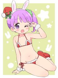  1girl ;d absurdres animal_ear_hairband animal_ears arm_support bad_id bad_pixiv_id bikini blunt_bangs blush bow commentary_request fake_animal_ears flat_chest full_body fur-trimmed_bikini fur-trimmed_headwear fur_trim green_background green_bow green_scrunchie hair_ornament hair_scrunchie hairband hand_up hat highres ikzw loli looking_at_viewer manaka_non manaka_non_(normal) micro_bikini mini_hat navel one_eye_closed open_mouth outside_border pom_pom_(clothes) pretty_series pripara purple_eyes purple_hair rabbit_ear_hairband rabbit_ears red_bikini red_footwear red_hat santa_bikini santa_costume santa_hat scrunchie short_hair side-tie_bikini_bottom side_ponytail sitting smile solo star_(symbol) swimsuit v v_over_eye wrist_cuffs 