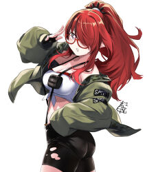  +_+ 1girl akira_miku_ver ass bandeau bare_shoulders bespectacled black_hair black_shorts breasts cleavage commentary_request cowboy_shot glasses green_jacket highres jacket lain_paterson long_hair long_sleeves medium_breasts midriff multicolored_hair nijisanji off_shoulder open_clothes open_jacket parted_lips ponytail pouch purple_eyes red-framed_eyewear red_hair shorts simple_background solo standing strapless streaked_hair suspenders thighs tube_top very_long_hair white_background 