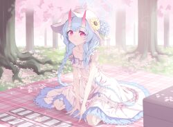  1girl absurdres alternate_costume bare_arms bare_shoulders blue_archive blue_hair blush braid cherry_blossoms chise_(blue_archive) closed_mouth day dress flower frills gradient_horns halo hanami hat hat_flower highres horns long_hair looking_at_viewer multicolored_horns oni outdoors penguin_say picnic red_horns sitting skin-covered_horns smile solo sun_hat sundress sunflower tree twin_braids very_long_hair white_dress 