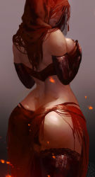 1girl absurdres ass bad_id bad_tumblr_id breast_hold breasts butt_crack covered_face curvy dark_souls_(series) dark_souls_ii desert_sorceress elbow_gloves from_behind gloves highres hood lace lace-trimmed_legwear lace_trim large_breasts nat_the_lich panties parted_lips red_gloves red_panties red_theme red_thighhighs sarong solo strapless thighhighs tube_top underwear rating:Questionable score:187 user:danbooru