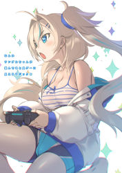  1girl ahoge bad_id bad_twitter_id blonde_hair blue_eyes breasts controller game_controller highres hood hoodie large_breasts mel/a nail_polish original twintails 