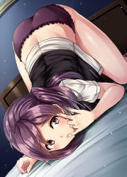  1girl artist_request ass dutch_angle hagikaze_(kancolle) jewelry kamelie kantai_collection long_hair panties purple_eyes purple_hair purple_panties ring solo tagme top-down_bottom-up underwear  rating:Questionable score:17 user:ok12345299