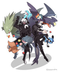 2boys arm_up artist_name au_ra berry_(pokemon) biting black_coat black_footwear black_hair black_horns black_nails black_pants blue_eyes boots coat collared_coat colored_tips creatures_(company) cyndaquil fangs final_fantasy final_fantasy_xiv fingernails food full_body game_freak garchomp gen_2_pokemon gen_4_pokemon grin hand_up hashtag-only_commentary high_collar highres holding holding_food horns karuo_(oooruka_cr) long_hair long_sleeves looking_at_viewer low_horns male_focus multicolored_hair multiple_boys munchlax nintendo onigiri open_mouth pants pointing poke_ball pokemon pokemon_(creature) ponytail purple_hair riolu sharp_fingernails short_hair simple_background smile standing standing_on_one_leg totodile twitter_username tyranitar warrior_of_light_(ff14) white_background white_hair