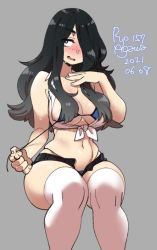 1girl 2021 agawa_ryou belly bikini black_hair blue_bikini blush breasts brown_eyes cleavage commentary dated english_commentary freckles grey_background large_breasts long_hair navel original simple_background solo swimsuit thighhighs thighs white_thighhighs rating:Sensitive score:106 user:danbooru