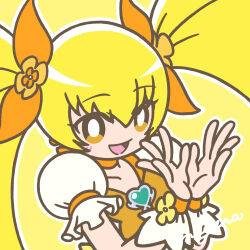  1girl blonde_hair blush bow bright_pupils brooch choker collarbone cure_sunshine earrings hair_ornament hair_ribbon heart heart_brooch heartcatch_precure! highres jewelry long_hair looking_at_viewer magical_girl mayena myoudouin_itsuki open_mouth orange_bow orange_choker outline precure puffy_short_sleeves puffy_sleeves ribbon short_sleeves signature simple_background smile solo twintails upper_body white_outline white_pupils wrist_cuffs yellow_background yellow_eyes 