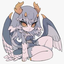  1girl :&lt; antlers bird_girl bird_tail bird_wings bright_pupils closed_mouth colored_inner_hair colored_sclera colored_skin colored_tips commentary cyany deformed dress english_commentary feathered_wings full_body grey_dress grey_hair grey_skin grey_wings horns imuthar_(cyany) knee_up long_hair looking_at_viewer low_wings monster_girl multicolored_hair multiple_horns no_feet orange_eyes orange_horns original simple_background sitting solo strapless strapless_dress tail white_background white_skin wings yellow_pupils yellow_sclera 