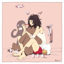  1girl aircraft airplane bare_arms bare_legs barefoot black_eyes black_hair border brown_background brushing_teeth camisole coalowl commentary_request dog feet food holding holding_stuffed_toy large_teddy_bear medium_hair messy_hair octopus original personification pig red_shorts sheep shorts signature sitting soles solo stuffed_animal stuffed_toy sushi tapir teddy_bear toes white_border white_camisole wings 