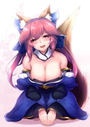 1girl :d animal_ear_fluff animal_ears bare_shoulders blue_ribbon blush bow breasts cleavage collarbone detached_collar detached_sleeves fate/extra fate_(series) fox_ears fox_girl fox_tail hair_bow hair_ribbon half-closed_eyes head_tilt japanese_clothes large_breasts long_hair looking_at_viewer open_mouth pink_hair ribbon saboten_teishoku seiza sidelocks sitting smile solo tail tamamo_(fate) tamamo_no_mae_(fate/extra) thighhighs twintails wide_sleeves yellow_eyes rating:Sensitive score:10 user:danbooru