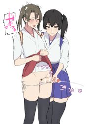 1futa 1girl absurdres bar_censor black_hair black_legwear blush brown_hair censored closed_eyes closed_mouth clothes_lift cum ejaculation female_pubic_hair futa_with_female futanari hakama hakama_lift hakama_short_skirt hakama_skirt handjob highres japanese_clothes kaga_(kancolle) kantai_collection lifting_own_clothes multiple_girls open_mouth panties panty_pull penis projectile_cum pubic_hair side_ponytail simple_background skirt takaman_(gaffe) thighhighs twintails underwear white_background white_panties zuikaku_(kancolle) rating:Explicit score:100 user:danbooru