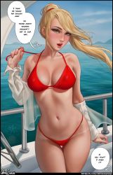  1girl aroma_sensei bare_shoulders bikini blonde_hair boat breasts cleavage earrings green_eyes highres jewelry large_breasts lips looking_at_viewer metroid navel nintendo open_mouth partially_undressed ponytail red_bikini sailing_ship samus_aran solo swimsuit tan tanline thick_lips thick_thighs thigh_gap thighs undressing watercraft  rating:Sensitive score:175 user:danbooru