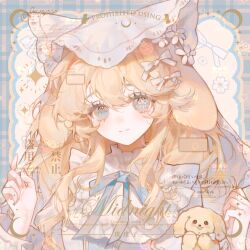  1girl animal_ears bad_bcy_id bad_id blonde_hair blue_border blue_bow blue_bowtie blue_eyes border bow bowtie chinese_commentary closed_mouth collared_shirt commentary_request crescent dog dog_ears eyelashes fingernails floppy_ears flower flower-shaped_pupils frilled_hat frilled_skirt frills hair_bow hair_flower hair_ornament hand_up hat light_blush long_hair long_sleeves looking_at_viewer mismatched_pupils original outside_border palms plaid_border puppy sample_watermark shirt sidelocks simple_background skirt smile solo sparkle symbol-shaped_pupils upper_body very_long_hair watermark wavy_hair white_background white_bow white_flower white_hat white_shirt xi_guapi 