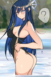  1girl ? absurdres ass blue_archive blue_eyes blue_hair blue_halo blush breasts colored_inner_hair competition_swimsuit from_side gambaru_unagi halo highleg highres medium_breasts multicolored_hair one-piece_swimsuit saori_(blue_archive) self_wedgie sideboob sleeveless sleeveless_turtleneck solo speech_bubble swimsuit tan thong_one-piece_swimsuit turtleneck wedgie 