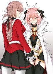  1boy 1girl age_difference astolfo_(fate) ball_busting bdsm belt black_pantyhose blush braid breasts cbt child clenched_teeth crotch_grab fang fate/apocrypha fate/grand_order fate_(series) femdom florence_nightingale_(fate) garter_straps gloves grabbing hair_ribbon hetero highres large_breasts long_hair military military_uniform one_eye_closed pantyhose pink_hair purple_eyes red_eyes ribbon ryona single_braid skirt tears teeth thighhighs trap trembling uniform watarase_piro white_gloves wince  rating:Sensitive score:104 user:danbooru