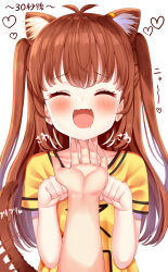  1girl absurdres animal_ear_fluff animal_ears antenna_hair blush brown_hair cat_ears cat_girl cat_tail closed_eyes collarbone drooling heart highres long_hair mizukoshi_(marumi) motion_lines mouth_drool open_mouth original pov pov_hands shirt tail tearing_up twintails upper_body yellow_shirt 