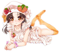  1girl apron ass black_hair blush bottomless brown_eyes brown_hair carrot cherry collarbone cooking_idol_ai!_mai!_main! embarrassed feet food food-themed_clothes frills fruit hat hiiragi_mine kink_(tortoiseshell) legs_up long_hair lying naked_apron no_panties no_shoes on_stomach orange_thighhighs shy soles solo strawberry thighhighs toes wrist_cuffs wristband yellow_thighhighs  rating:Sensitive score:70 user:danbooru