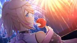  1girl aerial_fireworks animal_ears aobara_hairi blonde_hair blue_eyes blush candy_apple dog_ears dog_girl fireworks food highres holding holding_food hololive hololive_english japanese_clothes kimono looking_at_viewer mococo_abyssgard mococo_abyssgard_(1st_costume) official_alternate_costume pink_hair pink_kimono sleeveless sleeveless_kimono smile solo two_side_up virtual_youtuber 