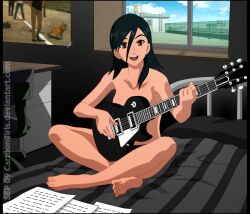  1girl barefoot beck black_hair black_panties cartoongirls chair collarbone convenient_censoring deviantart_username electric_guitar guitar hair_between_eyes highres holding holding_guitar holding_instrument indian_style indoors instrument lyric_sheet medium_hair metal_bed_frame minami_maho office_chair on_bed panties playing_guitar poster_(object) sitting solo striped_blanket swivel_chair table third-party_source topless underwear window  rating:Sensitive score:9 user:danbooru