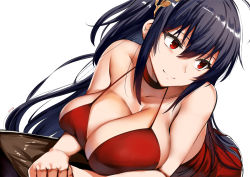 1girl ahoge azur_lane bad_id bad_pixiv_id bare_shoulders belko black_hair blush breasts choker cleavage cocktail_dress collarbone commentary_request couch dress hair_between_eyes hair_ornament huge_breasts leaning_forward leaning_on_object long_hair looking_away official_alternate_costume red_dress red_eyes simple_background smile solo taihou_(azur_lane) taihou_(forbidden_feast)_(azur_lane) very_long_hair white_background rating:Sensitive score:75 user:danbooru