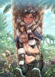  1girl against_tree belt blush breasts brown_hair capcom cleavage clothes_pull day felyne goggles goggles_on_head grey_eyes handler_(monster_hunter_world) large_breasts looking_at_viewer mimonel monster_hunter monster_hunter:_world monster_hunter_(series) navel outdoors pants pants_pull smile solo_focus standing stomach sweat tree undressing  rating:Questionable score:221 user:danbooru