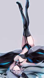  1girl black_bow black_dress blue_choker blue_eyes boots bow breasts center_opening choker cleavage clothing_cutout dress fate/grand_order fate_(series) fufufu_hehehe grey_hair hair_bow high_heel_boots high_heels highres large_breasts legs_up long_hair long_sleeves looking_at_viewer lying morgan_le_fay_(fate) navel on_back sidelocks solo stomach_cutout thighs two-tone_dress very_long_hair 