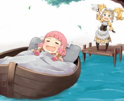  2girls blonde_hair blue_eyes boat bridge commission drooling fire_emblem fire_emblem_fates hime_cut igni_tion lissa_(fire_emblem) mitama_(fire_emblem) multiple_girls nintendo open_mouth pink_hair sleeping twintails water watercraft 