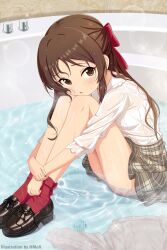  1girl ass bathtub black_footwear blush bow bra breasts brown_eyes brown_hair brown_skirt checkered_clothes checkered_skirt cheek_press chestnut_mouth commentary_request hair_bow head_rest highres hmax hugging_own_legs idolmaster idolmaster_cinderella_girls idolmaster_cinderella_girls_starlight_stage legs long_hair long_sleeves looking_at_viewer miniskirt panties panty_peek red_bow red_socks see-through see-through_shirt shirt shoes sidelocks sitting skirt small_breasts socks solo sparkle sweat tachibana_arisu thighs underwear untied_footwear water wet wet_clothes wet_hair wet_shirt wet_skirt white_bra white_panties white_shirt  rating:Sensitive score:39 user:danbooru