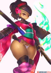  1girl ass comb flower girlsay hair_flower hair_ornament highres looking_at_viewer looking_to_the_side momohime oboro_muramasa purple_thighhighs red_eyes short_hair sketch solo thick_thighs thighhighs thighs wide_hips  rating:Questionable score:75 user:Vardigiil