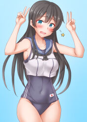  1girl agano_(kancolle) anti_(untea9) aqua_background black_hair blush breasts cosplay crop_top double_v embarrassed green_eyes hair_ornament highres kantai_collection long_hair looking_at_viewer medium_breasts old_school_swimsuit one-piece_swimsuit open_mouth ro-500_(kancolle) ro-500_(kancolle)_(cosplay) sailor_collar school_swimsuit solo swimsuit swimsuit_under_clothes v 