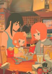  3girls black_hair breasts chicken_(food) chicken_nuggets commentary condiment_packet cup daughter_(yoru_mac) disposable_cup drinking_straw english_commentary fast_food female_focus food french_fries fried_chicken genderswap genderswap_(mtf) happy_meal highres holding ketchup long_hair mcdonald&#039;s mcdonald&#039;s_dad medium_breasts mother_(yoru_mac) mother_and_daughter multiple_girls open_mouth red_hair sauce shirt short_hair sitting smile stanglassart third-party_edit uraura_ura-chan wife_and_wife yoru_mac 