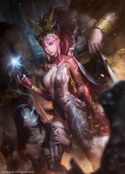 2boys 2girls black_hair breasts cleavage commentary demon_girl hair_ornament headdress image_sample kilart large_breasts lips long_hair looking_at_viewer magic multiple_boys multiple_girls original pink_eyes pink_hair ponytail revealing_clothes revision thigh_strap thighhighs torn_clothes rating:Sensitive score:23 user:danbooru