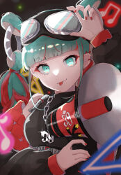  1girl 39 :p aqua_eyes aqua_hair bare_shoulders beamed_eighth_notes belt black_background black_jacket black_shirt blunt_bangs chain chain_necklace commentary detached_hair down_jacket ear_piercing eighth_note eyeshadow glowing goggles goggles_on_head hand_on_goggles hand_up hatsune_miku holding holding_megaphone jacket jewelry light_smile looking_at_viewer magical_mirai_(vocaloid) makeup megaphone multicolored_hair musical_note necklace open_clothes open_jacket pendant piercing red_hair red_jacket red_nails ring_hair_ornament ringed_eyes shirt sleeveless sleeveless_shirt solo spiked_ear_piercing star_(symbol) streaked_hair tongue tongue_out two-sided_fabric two-sided_jacket two-tone_hair uparupa_04 upper_body vocaloid 