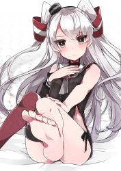 10s 1girl amatsukaze_(kancolle) barefoot black_panties blush brown_eyes dress feet foot_focus foreshortening hairband hand_on_own_chest highres kaki_no_tane kantai_collection long_hair panties sailor_dress side-tie_panties silver_hair sitting soles solo toes torn_clothes two_side_up underwear rating:Sensitive score:31 user:danbooru