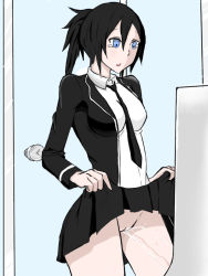 1girl artist_request bathroom black_hair black_jacket black_necktie black_skirt blue_eyes breasts clothes_lift door jacket long_hair looking_down medium_breasts necktie no_panties open_mouth original peeing ponytail pussy school_uniform shirt skirt skirt_lift standing tears toilet_use uncensored urinal urinal_use white_shirt rating:Explicit score:11 user:cpee