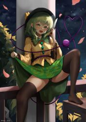  1girl :d absurdres black_hat black_panties black_thighhighs blush buttons clothes_lift commentary commission crossed_bangs diamond_button dobostorte eyelashes falling_petals floral_print floral_print_skirt foot_out_of_frame frilled_shirt_collar frilled_sleeves frills green_eyes green_hair green_skirt hair_between_eyes hands_up hat heart heart-shaped_pupils heart_of_string highres holding holding_knife knee_up knife komeiji_koishi lifting_own_clothes long_sleeves looking_at_viewer lovestruck medium_hair night night_sky no_shoes open_mouth outdoors panties panty_peek petals print_skirt rose_print shirt sidelighting sitting skirt skirt_lift sky smile solo symbol-shaped_pupils thighhighs thighs third_eye touhou tsurime twitter_username underwear wide_sleeves yellow_shirt zettai_ryouiki 