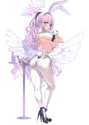  1girl angel_wings animal_ears asanagi ass back bare_shoulders blue_archive blush breasts fake_animal_ears feathered_wings from_behind full_body halo high_heels highleg highleg_leotard highres large_breasts leotard long_hair looking_at_viewer looking_back low_wings mika_(blue_archive) pantyhose pink_hair playboy_bunny ponytail rabbit_ears rabbit_tail sideboob sidelocks simple_background solo standing tail white_background white_leotard white_pantyhose white_wings wings wrist_cuffs yellow_eyes 