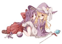 2girls blonde_hair blush bow brown_eyes commentary_request crescent crescent_hair_ornament dress frilled_hair_tubes frills hair_bow hair_ornament hair_tubes hakama hakurei_reimu hakurei_reimu_(pc-98) hat hat_bow japanese_clothes kirisame_marisa kirisame_marisa_(pc-98) long_hair long_sleeves miko miyuf_1 multiple_girls neck_ribbon open_mouth orb purple_dress purple_hair purple_hat purple_ribbon red_bow red_hakama ribbon ribbon-trimmed_sleeves ribbon_trim skirt smile staff touhou touhou_(pc-98) very_long_hair white_bow wide_sleeves witch_hat yellow_eyes yin_yang yin_yang_orb yuri 