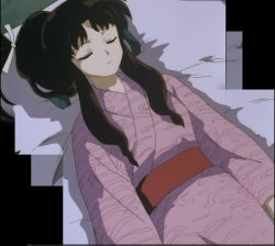  1girl anime_screenshot arms_on_sides closed_eyes closed_mouth corpse death female_focus highres inuyasha japanese_clothes kimono lying mat pillow princess ribbon screencap solo stitched third-party_edit  rating:Questionable score:5 user:necrofan