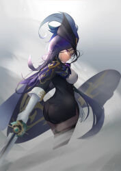  1girl absurdres ascot ass black_corset black_hair blue_cape blue_hair blue_hat breasts cape clorinde_(genshin_impact) corset dark_blue_hair epaulettes fold-over_gloves framed_breasts genshin_impact gloves hat hat_feather highres iron_sting_(genshin_impact) large_breasts long_hair low_ponytail pantyhose purple_ascot purple_eyes shirt solo taut_clothes taut_shirt white_gloves white_shirt yingmusang-l1f 