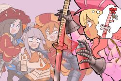 :d amogus_girl armor blonde_hair bow brown_hair centurii-chan_(artist) codpiece constricted_pupils crewmate_(among_us) dickbutt face_grab gauntlets gyaru_landsknecht_(centurii-chan) hello_kitty_(character) highres hime_cut how_to_torture_an_italian_(meme) katana landsknecht_(centurii-chan) makeup multicolored_hair nyan_cat open_mouth original pauldrons red_bow red_hair samurai_(centurii-chan) screaming shoulder_armor smile spray_can sword two-tone_hair weapon