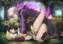 1boy 1girl arched_back aura barefoot blush breasts cleavage clothed_sex coat evomanaphy fire_emblem fire_emblem_heroes forest from_side gloves gold_trim grima_(fire_emblem) heart hetero highres hood kiran_(female)_(fire_emblem) kiran_(fire_emblem) kiran_(fire_emblem)_(female) leg_lock looking_at_another missionary nature nintendo open_mouth outdoors pinned robin_(fire_emblem) robin_(male)_(fire_emblem) sex silver_hair rating:Explicit score:143 user:danbooru
