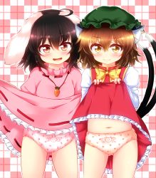2girls :3 animal_ears black_hair blush brown_eyes brown_hair carrot_necklace cat_ears cat_tail chen clothes_lift commentary_request dress dress_lift earrings green_hat hat highres inaba_tewi jewelry loli mob_cap multiple_girls multiple_tails navel necklace nekomata panties pink_dress print_panties rabbit_ears rena_(riries) short_hair single_earring tail touhou two_tails underwear rating:Questionable score:52 user:danbooru