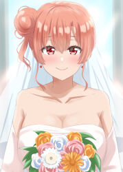  1girl bare_shoulders blush bouquet breasts cleavage collarbone commentary_request dars_(recolors) dress earrings flower hair_between_eyes hair_bun highres holding holding_bouquet jewelry large_breasts looking_at_viewer orange_eyes orange_hair pink_flower short_hair single_hair_bun single_side_bun smile solo straight-on strapless strapless_dress upper_body veil wedding_dress white_dress white_flower yahari_ore_no_seishun_lovecome_wa_machigatteiru. yellow_flower yuigahama_yui  rating:Sensitive score:13 user:danbooru