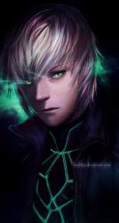  1boy armor glowing green_eyes male_focus mirage_noir solo sword tagme vesper_(mirage_noir) weapon white_hair 