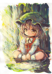  1girl animal_ear_piercing animal_ears brown_eyes brown_hair cat_ears chen child closed_mouth commentary_request earrings full_body green_hat hat highres impressionism indian_style jewelry juliet_sleeves kneehighs kouba light_smile long_sleeves mob_cap painterly puffy_sleeves red_skirt red_vest single_earring sitting skirt skirt_set socks solo touhou vest 